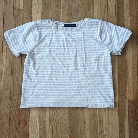 Liz Claiborne short sleeve sweater tan and white striped - Picture 1 of 3